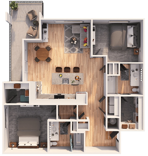 Floor plan for 2 beds, 2 baths, 1135 sqft